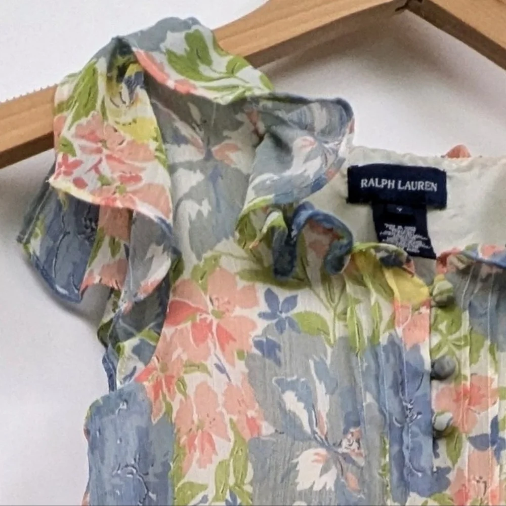 Ralph Lauren Chiffon Dress Watercolor Floral Ruffle Flutter Sleeve Cottagecore 7